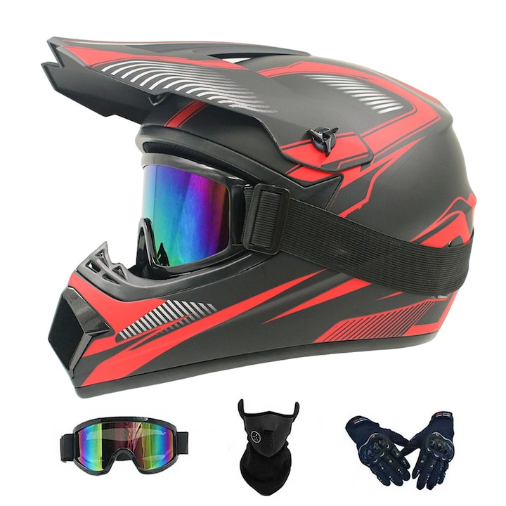 Set casca moto, VPUINEFE, Are o buna respirabilitate, Cu manusi, ochelari de protectie si protectie pentru fata, Captuseala interioara detasabila, usor de curatat, Marime M, ABS, DOT, Multicolor