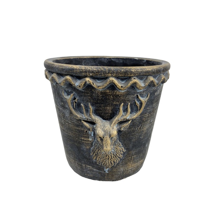 Ghiveci decorativ ceramic negru-auriu cu cap de cerb, 18 x 16 cm, stil rustic