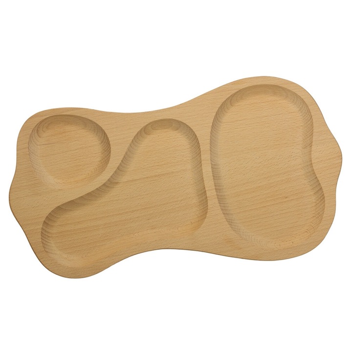 Platou de servire OnemisFlot, lemn masiv, 3 compartimente, rustic, 48x26cm