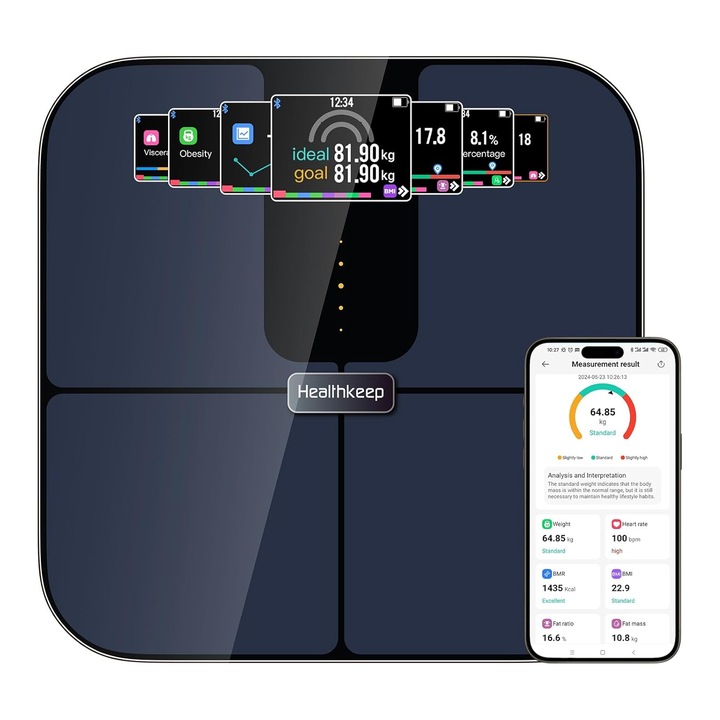 Bluetooth телесен кантар, Healthkeep, TFT екран CF588, 25 функции, капацитет 180 кг, тъмносин