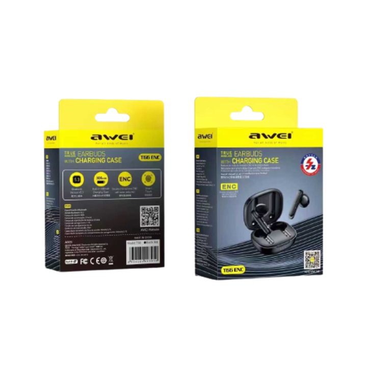 Casti wireless Bluetooth in-ear Awei T66, cu Noise Cancelling (ENC), Bluetooth 5.3, negru, 1 set