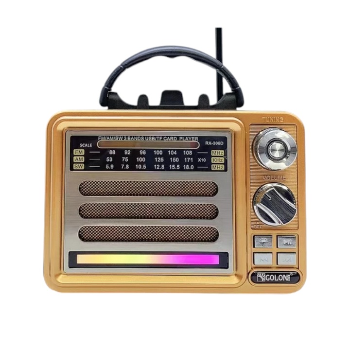 Radio portabil Retro Tradesor RX-306D, LED RGB, Bluetooth, 188x90x144mm, aurie