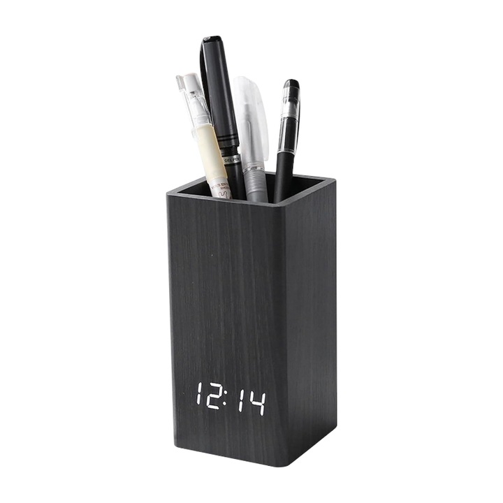 Ceas digital cu alarma si suport pentru pix Tradesor, negru, 7x7x14.3cm