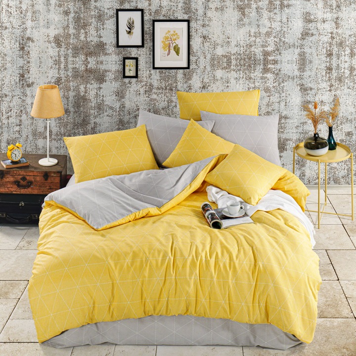Lenjerie de pat Dream, Atria Books, bumbac ranforce 100 %, galben, set 4 piese, 200x220cm, 240x260cm, 50x70cm