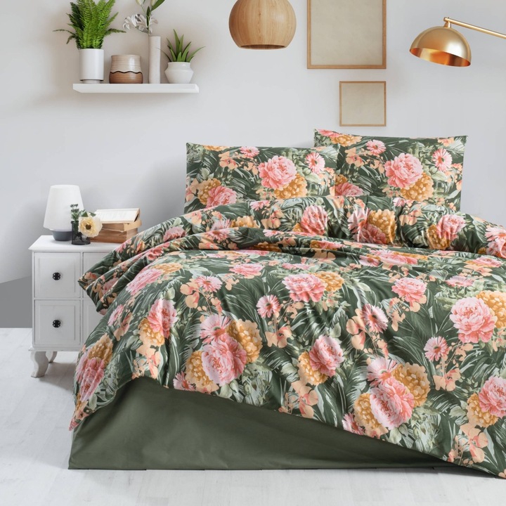 Lenjerie de pat Caressa Garden, 2 persoane, bumbac, multicolor, 4 piese