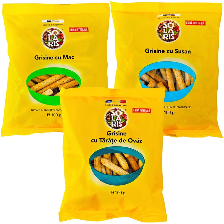 Pachet Grisine integrale proteice (mac + susan + tarate ovaz), fara aditivi, fara conservanti, 100% natural, 3x100g, Solaris Plant