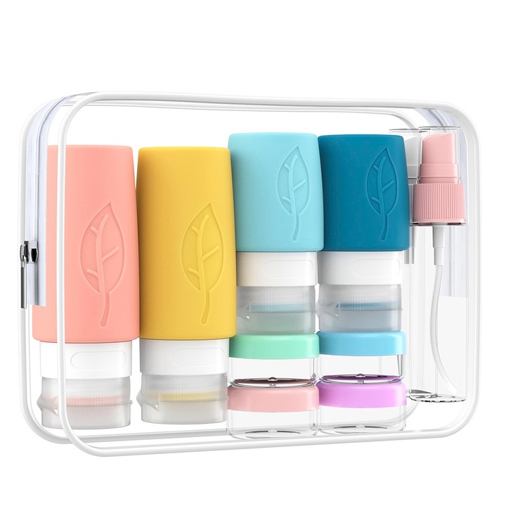 Set 17 recipiente de calatorie reutilizabile, BOMSTOM, silicon fara BPA, design ermetic, Design rezistent la scurgeri, Cu gura larga, Cu geanta de depozitare, multicolor