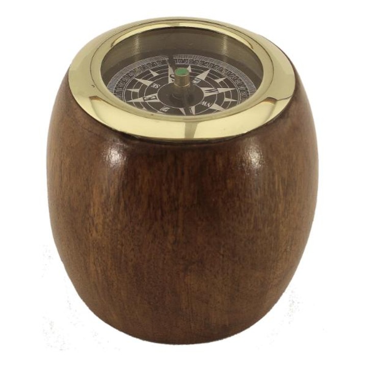Компас Sea Club, месинг, основа от акациево дърво, Ø 7 см, височина 6,5 см