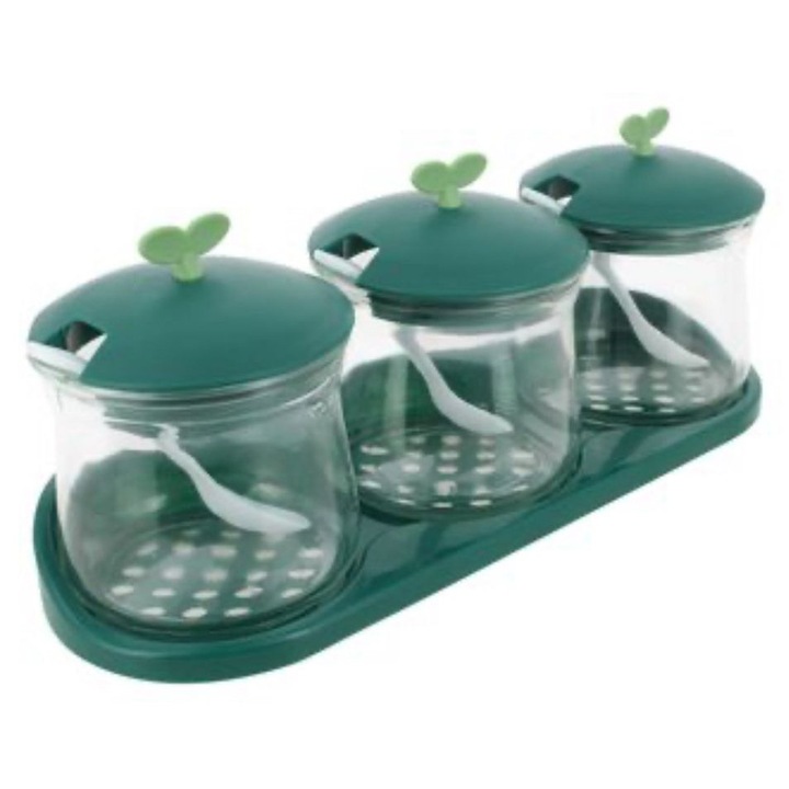 Set de 3 Borcanase de Condimente Cheffinger Glassware, Din Sticla cu Capace, Lingurite si Suport din Plastic, 27 x 10 cm, 300ml, Verde/Alb
