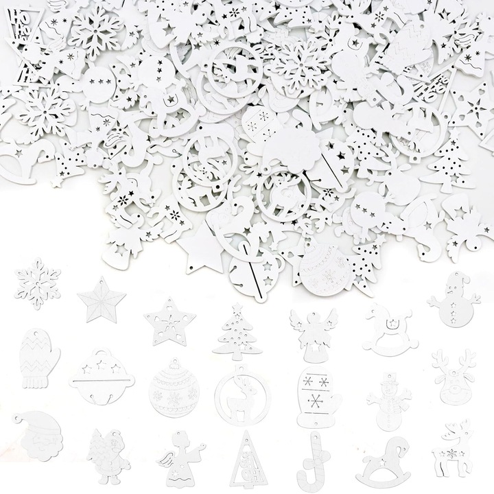 Pachet de 150 Decoratiuni de Craciun din lemn, Mini set de decoratiuni de Craciun din lemn