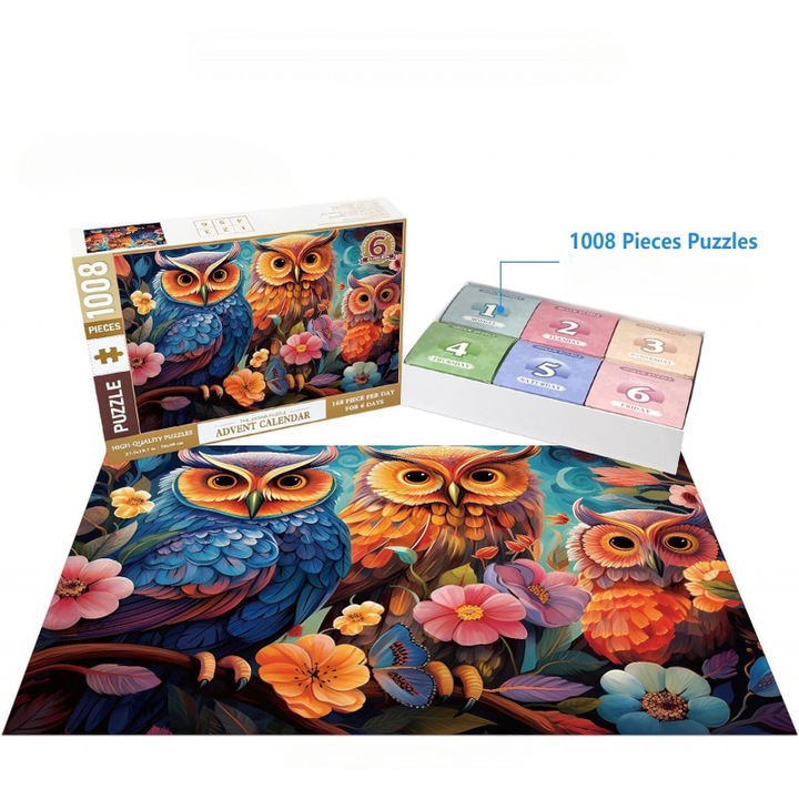 Пъзел с бухал YULCYNX, 1008 части, цветен, 70 x 50 см, 14+, подходящ за деца и възрастни, сетива