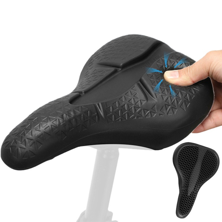 Kerékpár nyereghuzat, 17×27 cm, memóriahab és szilikon anyag, homorú-domború kialakítás, lélegző kialakítás, Fekete