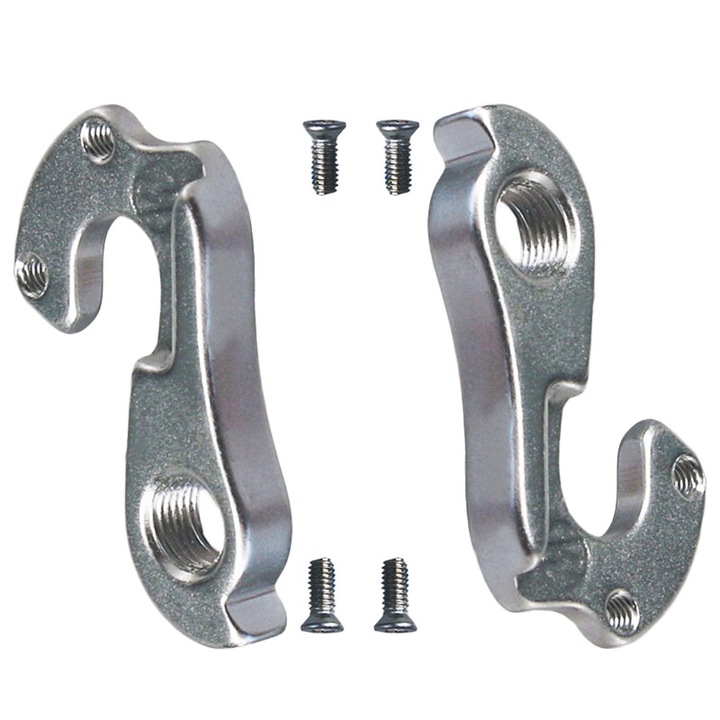 Set 2 Ureche cadru schimbator bicicleta, Nr. 2, Vine cu 4 suruburi de montare, Aluminiu, pentru cadru de bicicleta, Argintiu
