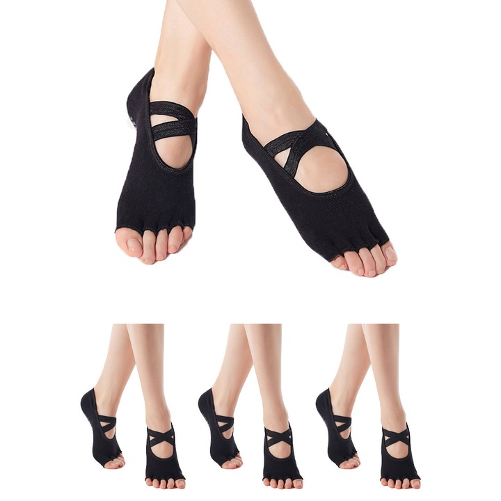 Set 3 perechi de Sosete sport yoga, Bumbac, respirant, granule PVC antiderapante, design cu degete deschise si separate, model scurt, deschizatura superioara, fixare cu sireturi, potrivit pentru fitness, pilates, balet, dans, marimi 35-40, negru