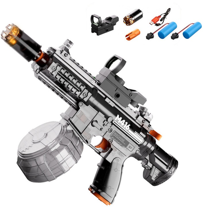 Pistol de apa automat, 8-10 metri raza de actiune, iluminare cu flacari, rezervor mare de apa, auto-umplere, ochi de ochire, 2 baterii, poate fi folosit pentru activitati acvatice de durata, ideal pentru petreceri acvatice, piscine si plaje