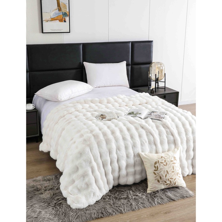 Patura Model Lux, Blana Artificiala Iepure, cu Fermoar, 200x230cm, Alb