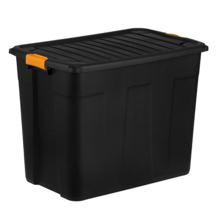 Cutie depozitare, de mare rezistenta, cleme de prindere, plastic, neagra, 120L, 70x43x52cm