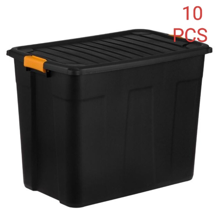 Set 10 cutii depozitare, de mare rezistenta, cleme de prindere, plastic, neagra, 120L, 70x43x52cm