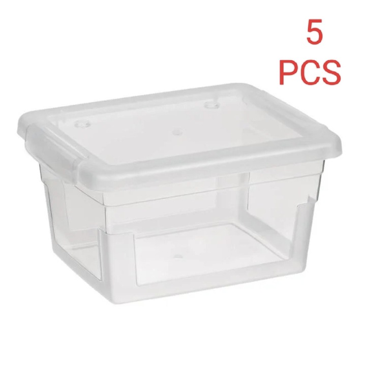 Set 5 cutii depozitare cu capac, din plastic, transparenta, 1.3L, 16x13x8.7cm