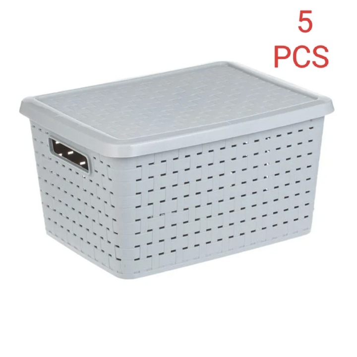 Set de 5 cosuri depozitare, cu capac, plastic, perforat, gri, 40L, 46x35x25cm