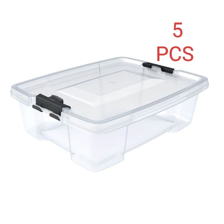 Set 5 cutii depozitare, cu capac, de plastic, transparent, 7L, 36x28.5x12 cm