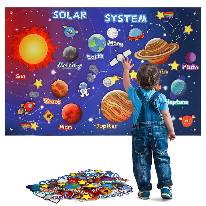 Jucarie din pasla cu tema cosmica Sistem Solar Pawlisor®, jucarie Montessori, include 42 de piese din pasla, cu planete si astronauti, jucarie interactiva potrivita pentru copii de 3-8 ani, cadou aniversar baieti/fete, cadou educational
