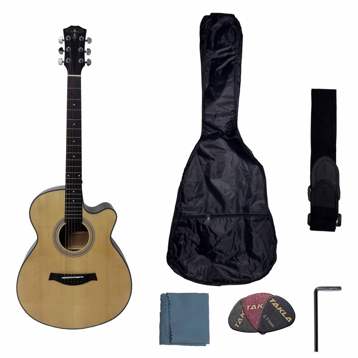 Комплект акустична китара, 41 инча, шперплат от смърч, естествен дървесен цвят, включва чанта за носене и перце