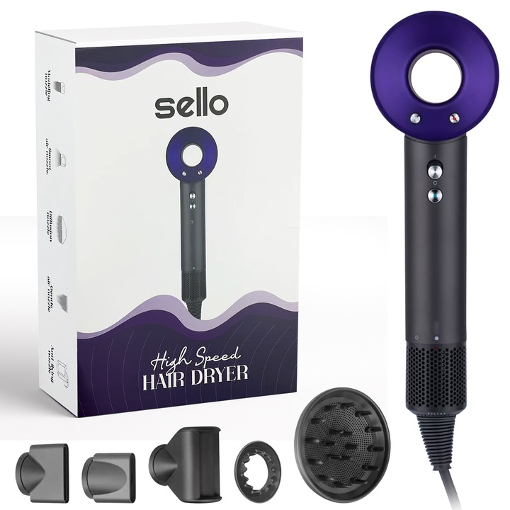 Uscator de Par Profesional SELLO®, Motor Digital 2000W, Ionizare Puternica, 5 Accesorii Incluse cu Duze Magnetice, 4 Trepte de Temperatura, 3 Viteze de Uscare, Filtru de Aer Detasabil, Design Silentios, Negru