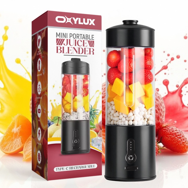Преносим мини блендер Oxylux®, капацитет 530 мл, 6 3D ножчета от неръждаема стомана, презареждаем през USB 4000 mAh, безшумна работа, без BPA, LED осветление, идеален за смутита, шейкове и пътуване, черен