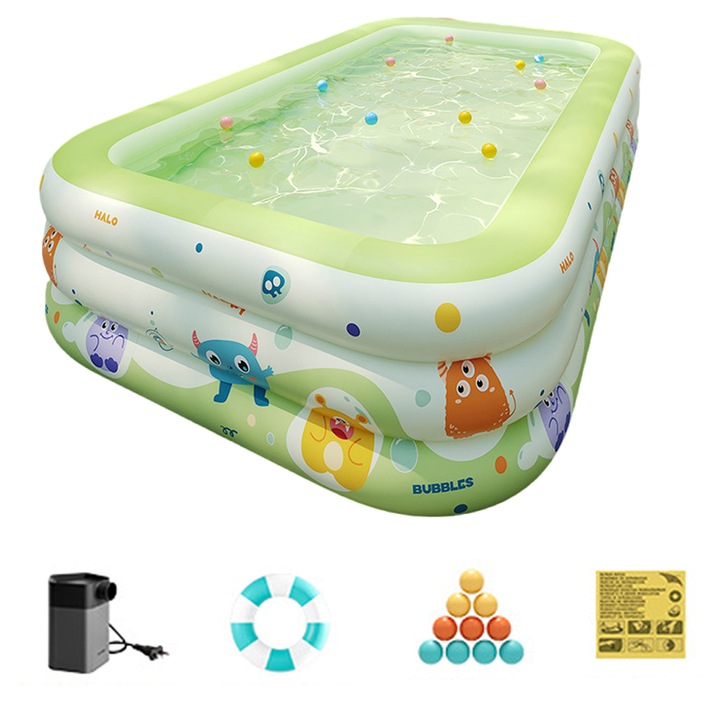 Piscina gonflabila, Feicaeesa®, 210 x 140 x 56 cm, Cu Pompa Electrica de Aer, 1 Colac de Inot si 10 bile, Dreptunghiulara, PVC