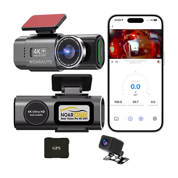 Автомобилна видеорегистратор, NOAR VISION PRO 4K, Включена задна камера, WIFI, G-сензор, Нощно виждане, Паркинг мониторинг, Цикличен запис, 170° ъгъл