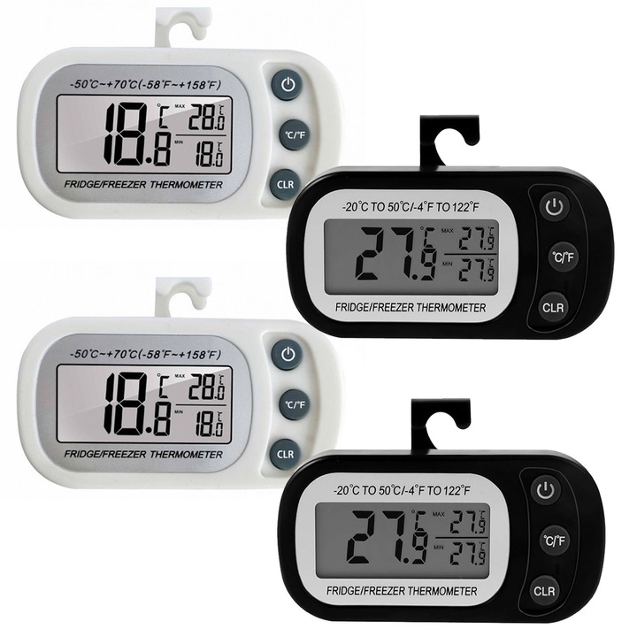 Set 4 termometru digital pentru frigider, Axroad Mall, Afisaj LCD, 3 Butoane, Cu magnet, Impermeabil si rezistent la umiditate, -20 -50°C, Pentru frigider, congelator, incaperi, ABS, 88*60*21mm, Alb/Negru