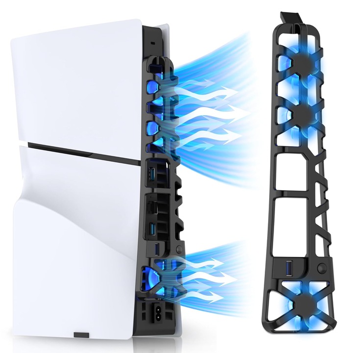 PS5 Slim hűtőventilátor, Lecheng®, három ventilátorral, kék LED, USB 3.0 port, állítható sebesség, fekete