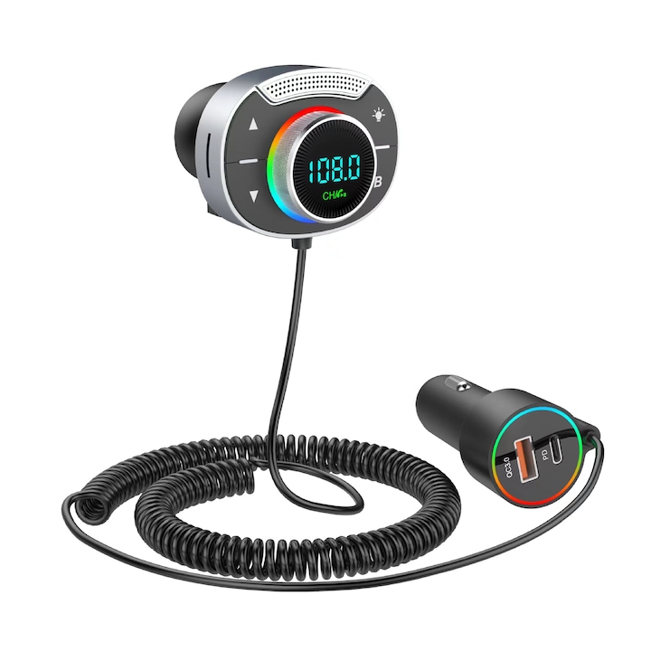Modulator FM Bluetooth 5.3, [Bass si Stereo Hi-Fi] cu PD 30W si QC3.0 18W, adaptor radio kit auto maini libere, suporta TF si asistent vocal, Aux, Negru