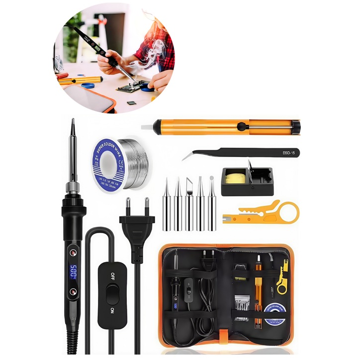 Kit pistol de Lipit, Wacorresi, Set fier de lipit cu temperatura reglabila, 13 in 1，cu 5 bucati varfuri de lipit, geanta organizatoare pentru depozitare usoara, Set de varfuri pentru Letcon, set scule ajutatoare lipit, pensete, Multicolor