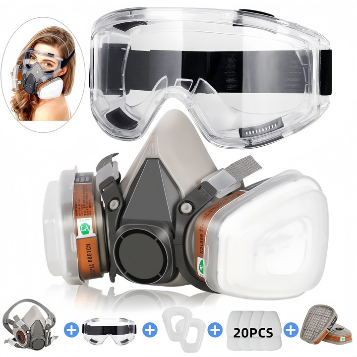 Masca respiratorie, Wacorresi, reutilizabila, reglabila, dublu filtru, antivirus, 3M, incluzand 2 filtre pentru prevenirea particulelor de gaz, vaporilor de vopsea si toxinelor si 10 perechi de bumbac, Maro si alb