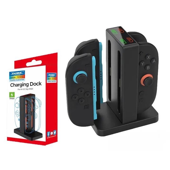 Töltőállomás 4 Nintendo Switch 2 Joy-Con kontrollerhez, függőleges állvány LED kijelzőkkel és beépített hangjelzővel, egyidejű töltés, biztonságos mágneses kialakítás, fekete