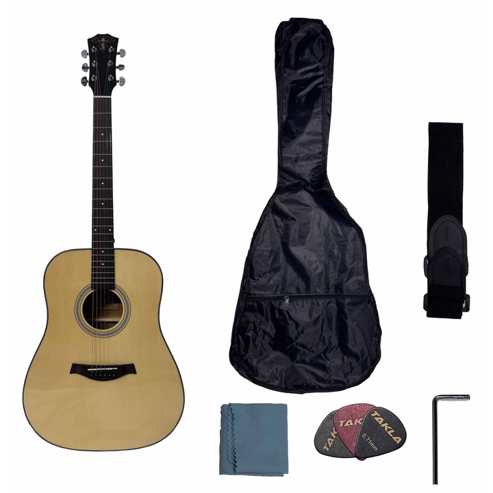 Комплект акустична китара 41 инча, смърчово дърво, естествен цвят, включва чанта за носене и перце