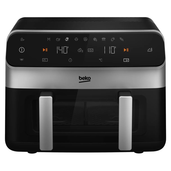 Beko ExpertFry FRL6488 fritőz, dupla forró levegő, 3 az 1-ben, 9,5L, 2400 W, Érintésvezérlés, 9 program, Átlátszó üveg, Fekete / Rozsdamentes acél
