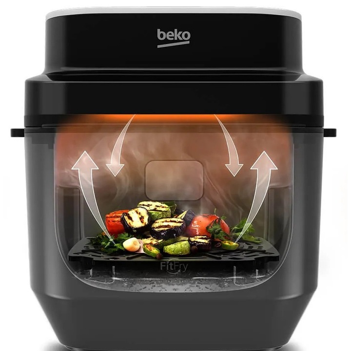 Фритюрник с горещ въздух BEKO ExpertFry FRL5474B, 7 л, 2850 W, 3 режима на готвене, пара и грил, 8 автоматични програми, незалепващ тиган, черно-сребрист
