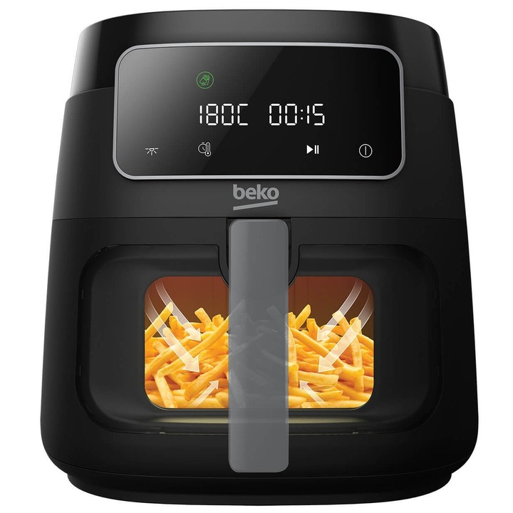 Friteuza cu aer cald BEKO ExpertFry XL FRL3374B, 7.6l, 1750W, 9 programe, geam transparent, cuva antiaderenta, display digital, negru-argintiu