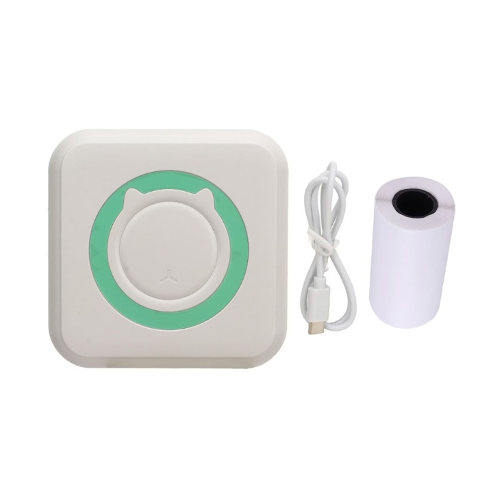 Mini imprimanta termica cu Bluetooth, ATT, rola de hartie inclusa, incarcare USB, 8 x 8 x 4 cm, alb cu verde