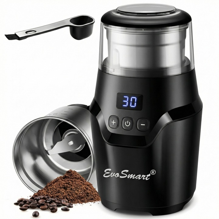 Rasnita de Cafea EvoSmart™ CG639, Electrica, Display Cu Timer, Lame din Otel Inoxidabil, 150W, Bol Detasabil, Capacitate maxima 110g, Negru