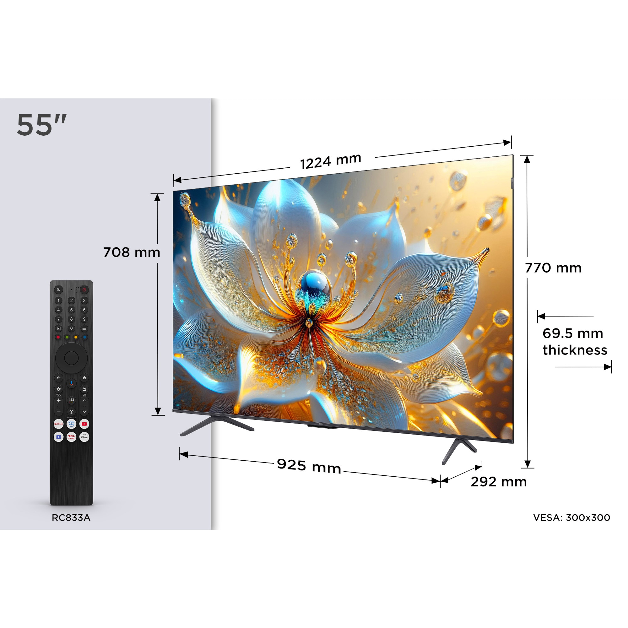 Televizor Smart QLED TCL 55T8C, 139 cm, Ultra HD 4K, 100 Hz, smart Google TV, Clasa F