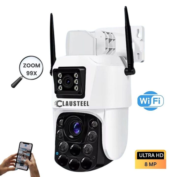CLAUSTEEL камера за видеонаблюдение, WiFi с 99x увеличение, 8 MP, 4K, 1 KM обзор, PIR сензор, телефонни известия, пълноцветно нощно виждане, слот за MicroSD карта, двупосочен микрофон, бяла