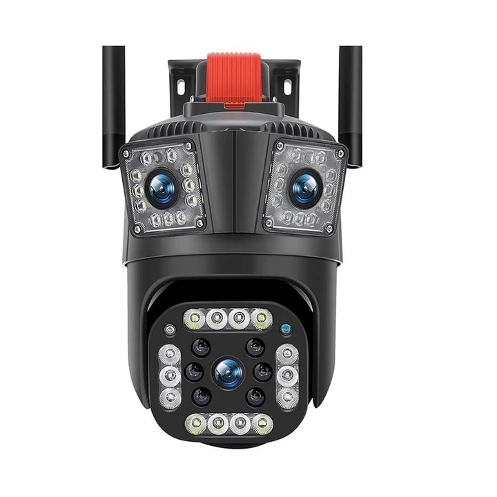Camera de Supraveghere Tripla, V380, Wi-Fi, 6MP, Full HD, Infrared, Comunicare Bidirectionala, Senzor Miscare, IP66, Negru
