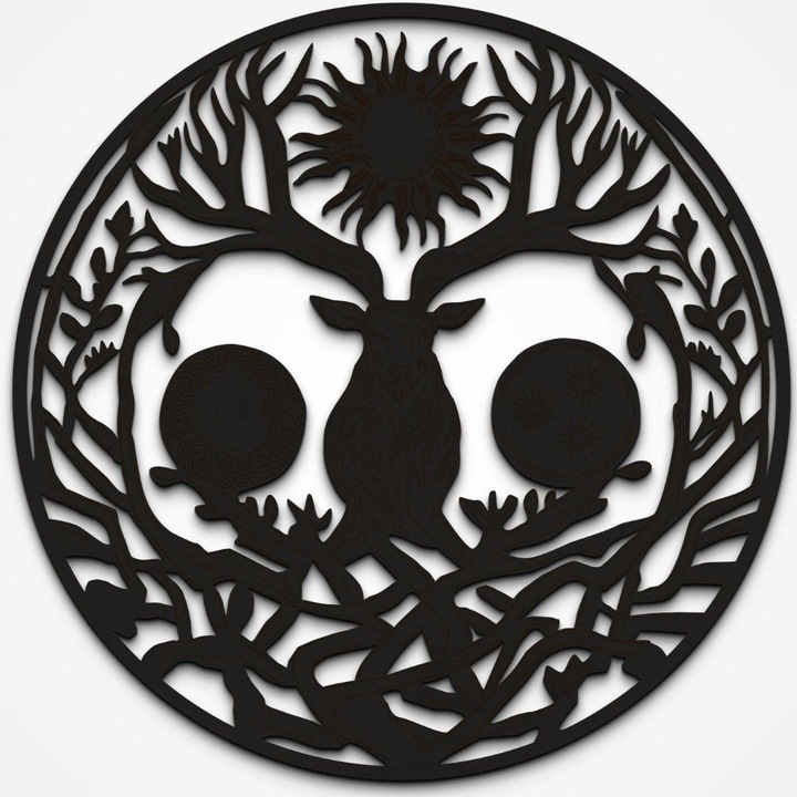 Életfa mitikus szarvassal - 3D Fali Dekoráció, 70 cm átmérő, fekete szín