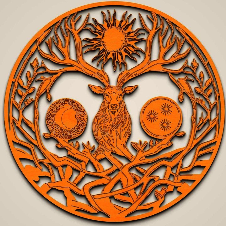 Életfa mitikus szarvassal - 3D Fali Dekoráció, 70 cm átmérő, tikfa szín