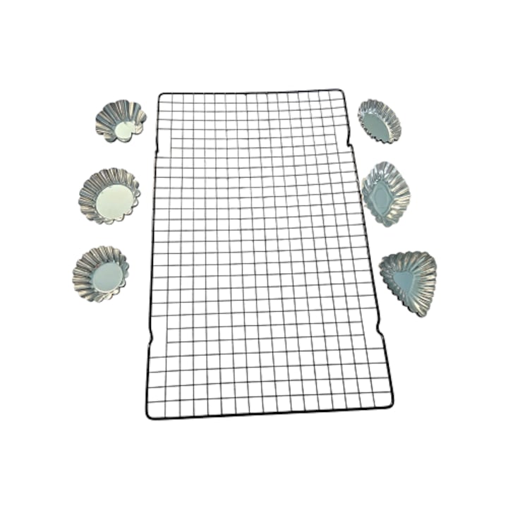 Set forme briose 18 bucati si suport racire prajituri, briose 40 x 25 cm, metal, argintiu