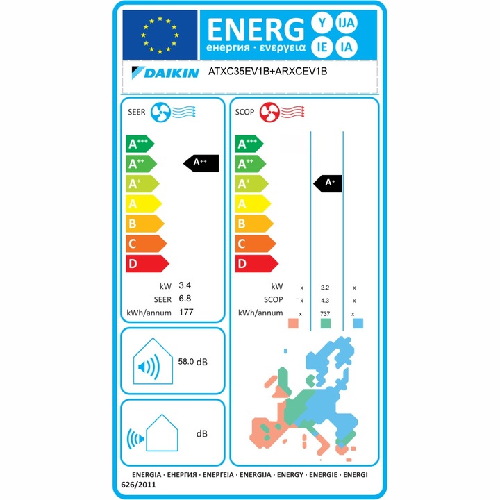 Aparat de aer conditionat Daikin Siesta Bluevolution Inverter 12.000 BTU, model 2025, ATXC35E+ARXC35E, clasa energerica A++/A+, cu dispozitiv de fixare VibraZerro pentru unitatea exterioara KX30N